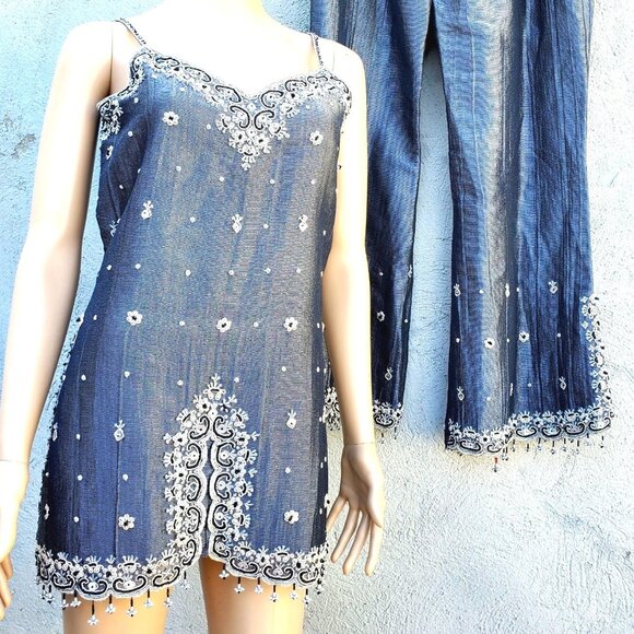 Beaded Pant Set 6 8 Silver Glittery Black Embellished Sequin Beads Bespoke